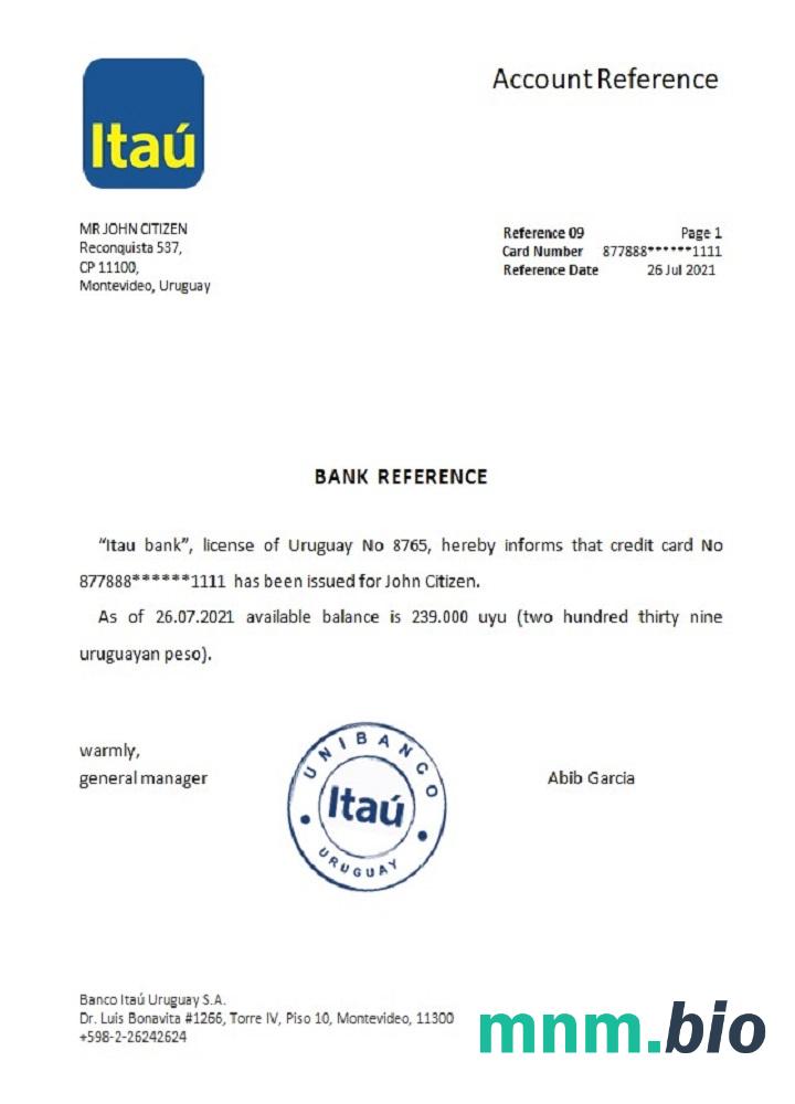 Przykład odniesienia banku Urugwaj Itau w formatach Word i PDF
